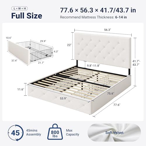 Allewie Full Size Storage Bed Frame with 4 Underbed Drawers, Upholstered Platform Bed with Adjustable Headboard, Diamond Button Tufted, Easy Assembly, Noise-Free, No Box Spring Needed, Soft White
