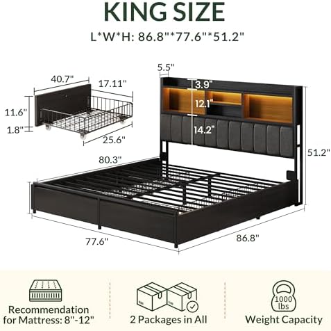 LARMACE King Bed Frame with 6 Storage Drawers, Bed Frame King Size with Linen Upholstered Headboard, Built in Charging Station and LED, No Noise, Metal Support, No Box Spring Needed,Vintage Black