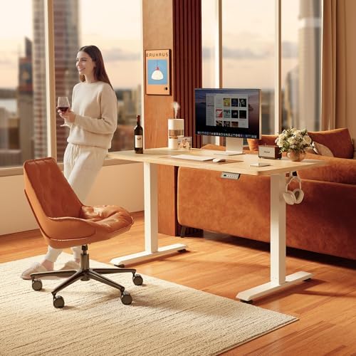 FEZIBO 55 x 24 Inchs Electric Standing Desk, Height Adjustable, Sit Stand Up, Computer Office Desk with Splice Board, White Frame/Maple Top