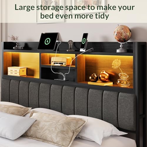 LARMACE King Bed Frame with 6 Storage Drawers, Bed Frame King Size with Linen Upholstered Headboard, Built in Charging Station and LED, No Noise, Metal Support, No Box Spring Needed,Vintage Black