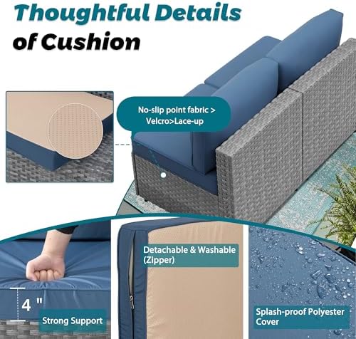 SUNLEI 7pcs Patio Conversation Sets Outdoor Furniture Sets, High Back All-Weather Rattan Sectional Sofa with Tea Table&Washable Couch Cushions(Silver Rattan) (Aegean Blue)