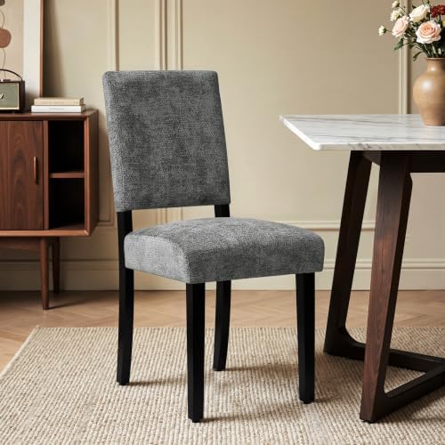 HOMYZOO Dining Chairs Set of 2, Upholstered Dining Room Chairs with Padded Seat & Solid Wood Legs, Modern Farmhouse Kitchen Chairs for Living Room/Restaurant/Cafe, Chenille Dark Gray
