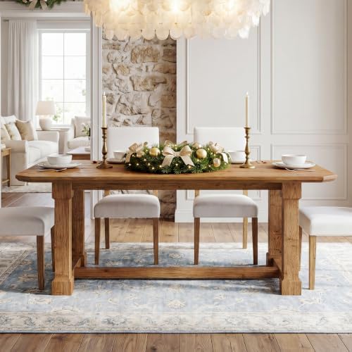63" Solid Wood Dining Table, Rectangular Kitchen Table with Sturdy Legs, Rustic Wooden Dinner Tables for 4-6, Dining Room, Living Room, Light Brown