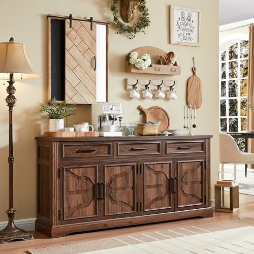 JXQTLINGMU 66" Farmhouse Buffet Cabinet with Storage, Sideboard Credenza, Carved Cloud-Inspired Doors, 3 Drawers & Adjustable Shelves, Coffee Bar Cabinet, Dark Brown