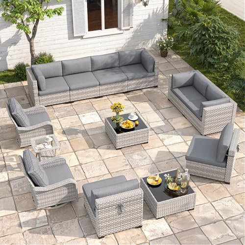 10-Seat Modern Patio Furniture Set with Swivel Rocking Chairs, Thick 4″ Cushions, Dual-Strand Wicker Rattan, Rust-Resistant Steel Frame – Outdoor Conversation & Modular Sectional,Black