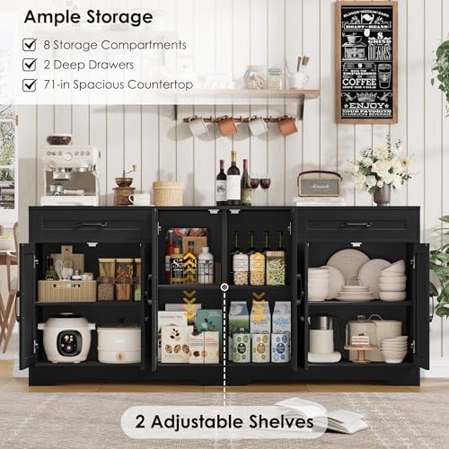 BOTLOG 71” Large Sideboard Buffet Cabinet with Storage, Farmhouse Kitchen Buffet Cabinet with Adjustable Shelves and 6 Barn Doors, Wood Coffee Wine Bar Console Table for Kitchen, Dining Room, Black