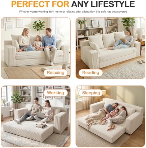 Oversize Loveseat Boneless Convertible Sofa Bed, Folding Floor Futon Sleeper Sofa Queen Size Couch Bed- Boneless Foldable Couch, Corduroy Pull Out Sofa Bed with 5 Pillows for Living Room & Bedroom