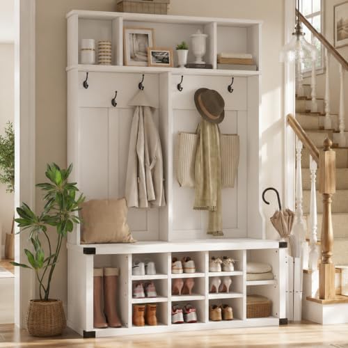 Garvee Farmhouse Entryway Hall Tree with Bench, Shoe Storage & Coat Rack