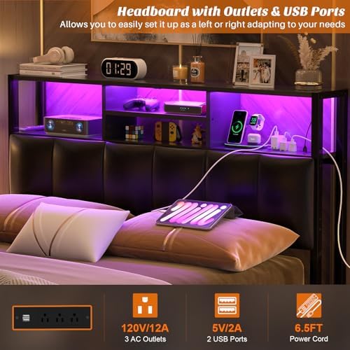 Aheaplus Headboard for Full Size Bed with Storage, Upholstered Headboards with Outlets, USB Ports and LED Light, Reversible Full Size Head Board, Height Adjustable, Comfortable Headboard, Black