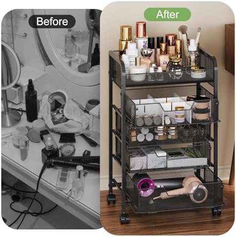 Hongtamoya Makeup Cart Organizer with 4 Drawers, Vanity Storage Organizer, Large Floor Skincare Organizers Cosmetics Display Cases for Skin Care Perfume Nail Polish, Black