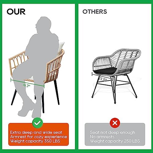 PORWEY 3 Piece Patio Bistro Set, Outdoor Wicker Balcony Furniture Sets