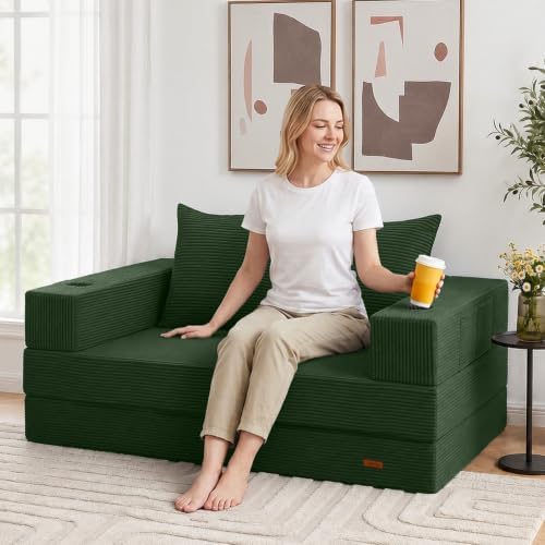 COMAX Boneless Futon Sofa Bed, 59" Small Low-Profile Floor Couch, Green