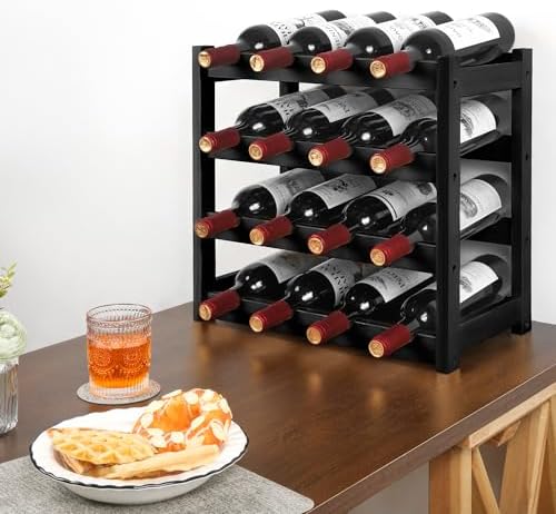 VASMIA Wine Rack, 4-Tier Bamboo Wine Racks Countertop,Sturdy and Durable Wine Storage Cabinet Shelf,16 Bottles Wine Holder for Kitchen Pantry, Black