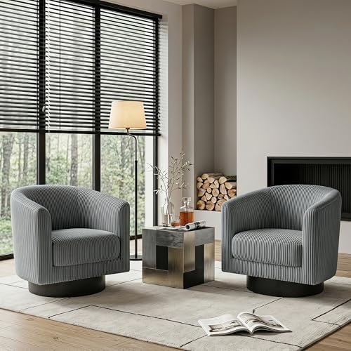 Swivel Accent Chairs, 360 Degree Bucket Chair, Modern Upholstered Barrel Armchair, Comfy Corduroy Single Sofa for Living Room Bedroom, Grey
