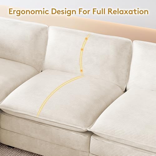 ROWHY 112'' Modular Sectional Cloud Couch with Movable Ottoman, 4 Seat Modern Corduroy Sofa, Deep Seat L Shaped Couch for Living Room Bedroom Apartment, Cream