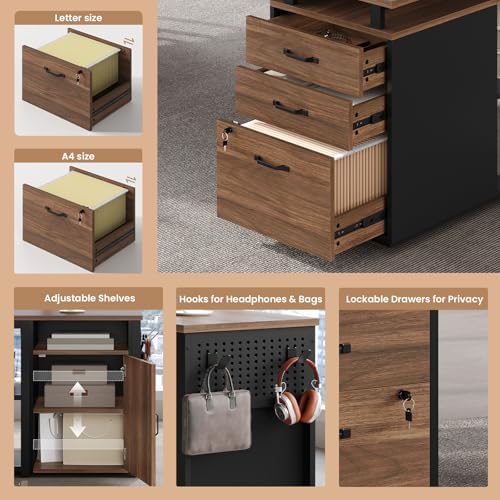 78" Executive Desk with Lockable File Cabinet, L Shaped Office Desk with Power Outlets, Large Executive Desk with Drawers and Storage Shelves , Reversible Computer Desk with Privacy Screen, Walnut