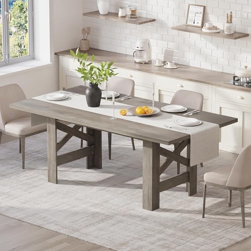 71" Farmhouse Dining Table for 6-8 Person, Large Rectangular Wood Dining Room Table Only, Rock-Strong Thick Base & Heavy Duty Triangular Legs for Kitchen, Office & Restaurant, Rustic Gray