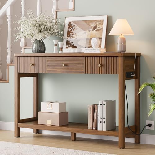 Decofy 47'' Fluted Console Table with Charging Station & 3 Drawers, Walnut