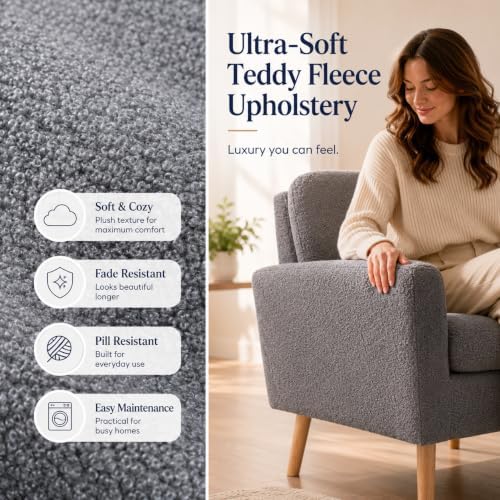 Naomi Home Frida Teddy Fleece Accent Chair, Mid-Century Modern Inspired Armchair with Plush Upholstery, Thick Cushioning & Oak Legs, Cozy Living Room Chair for Bedroom, Reading Nook & Lounge Seating