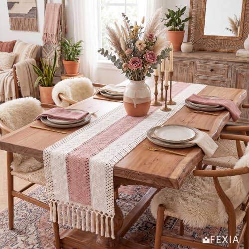 FEXIA Boho Table Runner with Tassels for Home Decor 12x72 Inches Pink