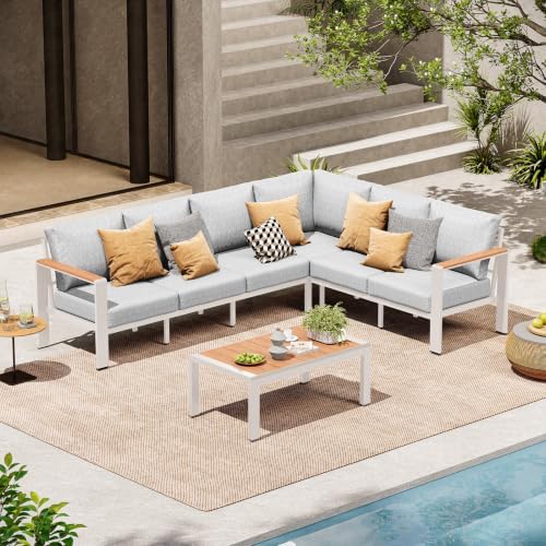 Aluminum Outdoor Patio Furniture Set 6 Seats, Outdoor Sectional Corner Sofa Set, Patio Conversation Sets with Washable Cushions & Coffee Table, Patio Furniture for Backyard, Porch, White