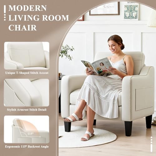 MALOL PU Leather Accent Chair Set of 2, Mid-Century Modern Living Room Armchair Sofa with Removable Cushions, Solid Wood Frame & Stitched Armrest Design, Bedroom Chair with Plastic Legs, Beige