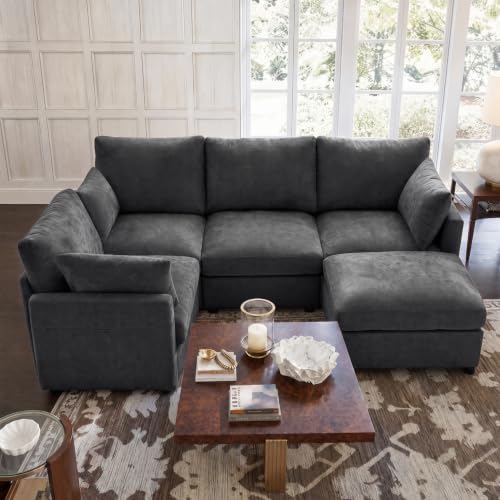 Iroomy Modular Sectional Loveseat Couch for Living Room, Modern Chenille Sofa with Ottoman, 5 Seat, Black
