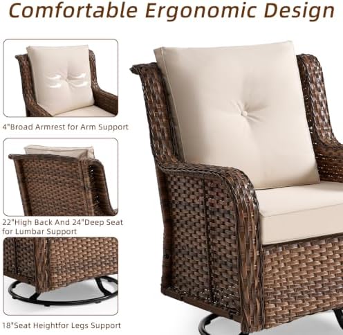 Wumiokio Patio Furniture Sets, Wicker Outdoor Furniture - 360 Degree Swivel Rocking Chairs and Rattan Side Table for Garden,Porch,Backyard (Brown Wicker/Beige Cushion, 5PCS - Swivel Chairs & Ottoman)