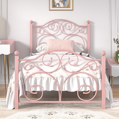 VECELO Twin Size Bed Frame with Headboard and Footboard, Heavy Duty Metal Slat Support, Platform Mattress Foundation, No Box Spring Needed, Easy Assembly, Light Pink
