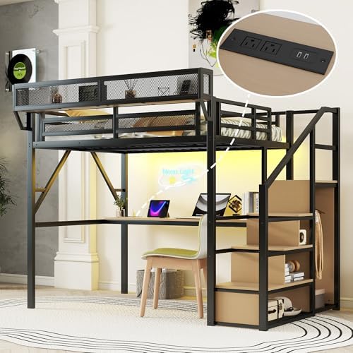 KEIKI Full Size Metal Loft Bed Frame with Desk, Staircase, Built-in Storage Shelves and Wardrobe, Modern Loft Bed with Solid Slats, Guardrail, No Box Spring Required, Easy Assembly, for Bedroom, Black
