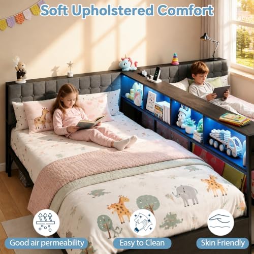 Twin Size Bed Frame for 2 Kids with Storage Bookcase Divider and LED Lights