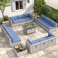 12-Seat Modern Outdoor Wicker Rattan Patio Furniture Set with 55,000 BTU Fire Pit Table, Thick 4″ Cushions, All-Weather Dual-Strand Rattan, Rust-Resistant Steel Frame,Navy