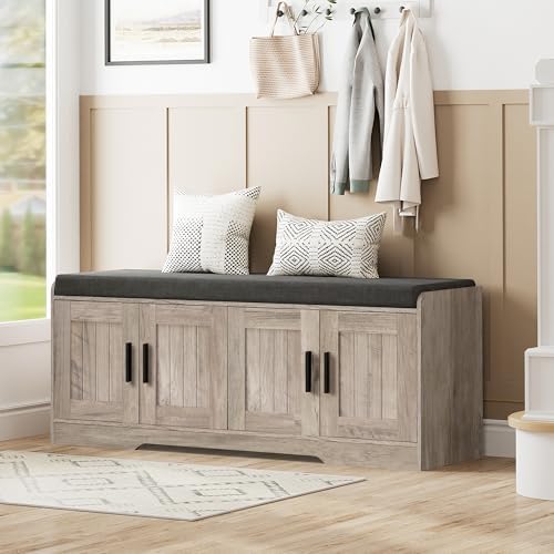 Homleke Shoe Storage Bench, 4 Doors & Thickened Padded Seat Cushion