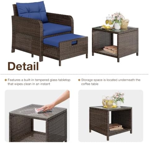 LHBcraft 5 Piece Patio Furniture Set, PE Wicker Outdoor Furniture Set with Soft Cushions & Coffee Table, Outdoor Lounge Chairs with Ottoman for Porch, Lawn, Balcony, Blue-Brown