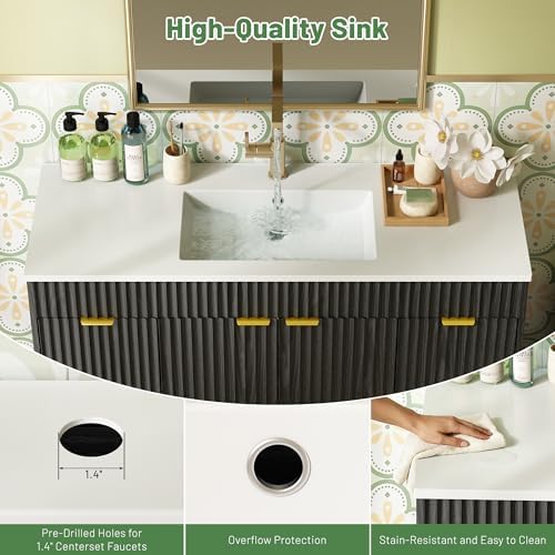 CARPETNAL 48 Inch Bathroom Vanity with Sink, Black. | Modern Fluted Bathroom Vanity with Sink with Storage Cabinet, Adjustable Shelf and 2 Soft Closing Doors & 4 Drawers.