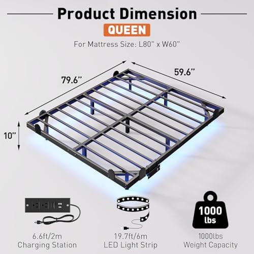 AGXI Floating Bed Frame with LED Lights and Charging Station, 10 Inch Queen Floating Bed Frame, Queen Platform Bed Frame, No Box Spring Needed, Easy to Assemble
