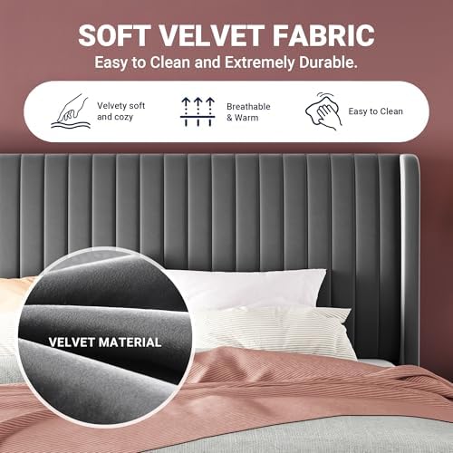 Allewie King Size Velvet Bed Frame/Vertical Channel Tufted Wingback Headboard/Upholstered Platform Bed/No Box Spring Needed/Strong Wooden Slats/Easy Assembly/Grey
