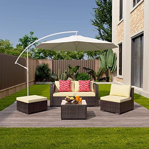 Aiho Patio Furniture Set All Weather Outdoor Sectional Patio Sofa Set with Tempered Coffee Table, for Backyard Porch, Beige