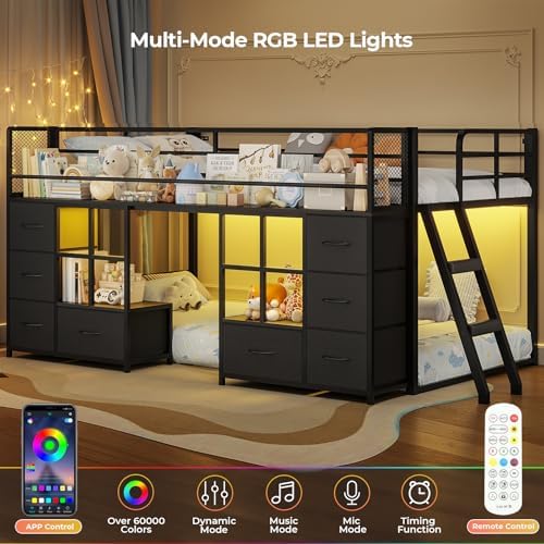BTHFST Low Bunk Bed Twin Over Twin with 8 Fabric Drawers & Bookshelf, Black