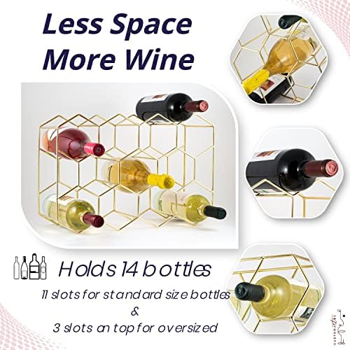 Gusto Nostro Countertop Wine Rack - 14 Bottle Freestanding Modern Gold Metal Small Wine Rack - 3 Tier Tabletop Wine Holder Stand for Cabinet, Pantry, Wine Bottle Storage - No Assembly Required
