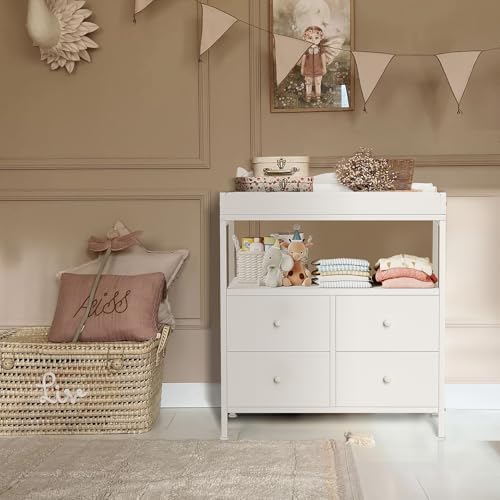 BOLUO Changing Table Dresser with 4 Fabric Drawers and Open Shelf, Baby Dresser with Changing Table Top Diaper Changing Station with Storage for Nursery Modern (White)