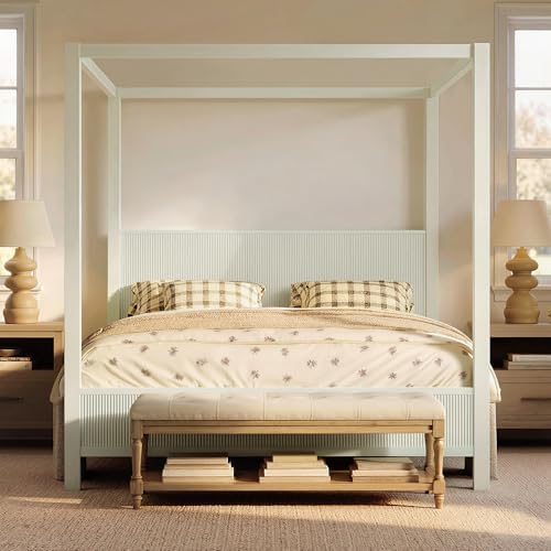 King Size Wood Canopy Bed Frame, Beige Vintage Four-Posters Platform Bed Frames with Headboard, 10-Slat Support Wooden Post Beds, 6" Under Bed Storage, Easy Assembly (Beige, King, 75.5"H)