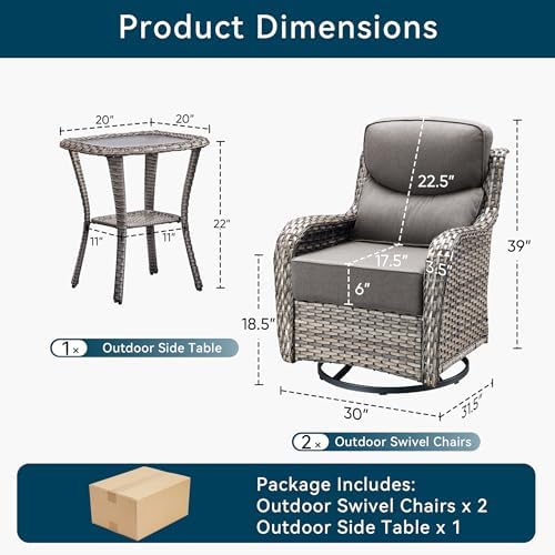 Luxury Outdoor Swivel Rocker Patio Chairs-3 Piece Wicker Patio Rocking Chairs Set of 2 with Glass Side Table 6" Thick Cushions High Back Outdoor Furniture Sets for Deck Porch Balcony(Grey/Grey)