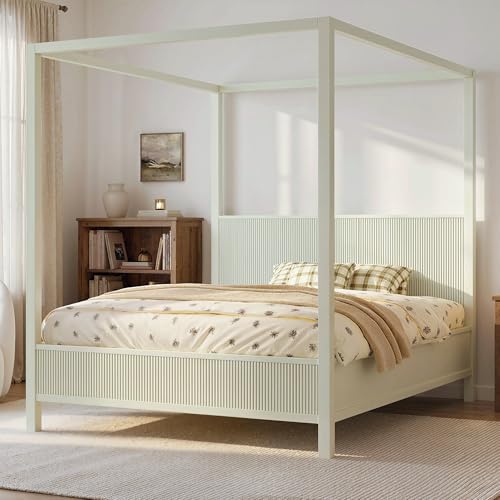Queen Size Wood Canopy Bed Frame, Beige Vintage Four-Posters Platform Bed Frames with Headboard, 10-Slat Support Wooden Post Beds, 6" Under Bed Storage, Easy Assembly (Beige, Queen, 75.5"H)