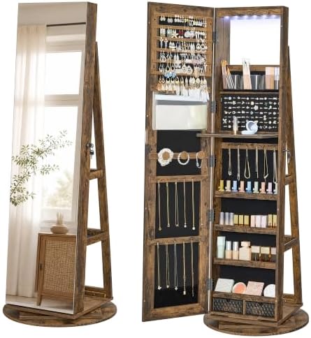 SONGMICS HOME Standing Jewelry Armoire, Full Length Mirror with Storage | Lockable Jewelry Cabinet with 6 LED Lights, Floor Mirror, Built-in Vanity, Rustic Brown Surface, Black Lining UJJC007X01SH