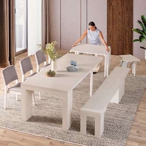 Transformer Table Solid Wood Extendable Dining Table, White