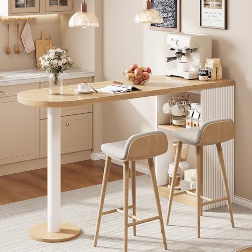 55" Bar Table with Storage, Modern Counter Height Pub Table, Oak