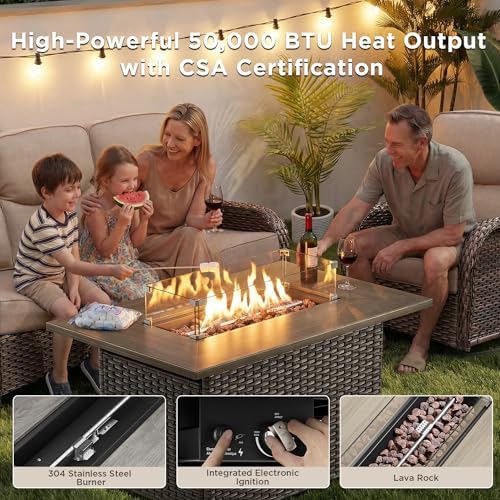 Luxury Patio Furniture Set with Fire Pit Table-8 Pieces All Weather Outdoor Swivel Rocker Chairs with Sofa and Ottomans. Outdoors Patio Conversation Sets for Porch Deck Garden Backyard(Brown/Beige)