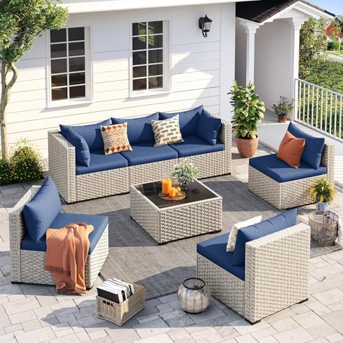 UDPATIO Outdoor Patio Furniture Set 7 Pcs Wicker Sectional Sofa Blue