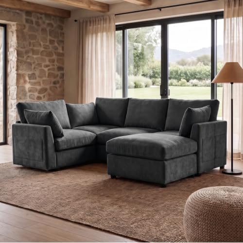 Iroomy Modular Sectional Loveseat Couch for Living Room, Modern Chenille Sofa with Ottoman, 5 Seat, Black